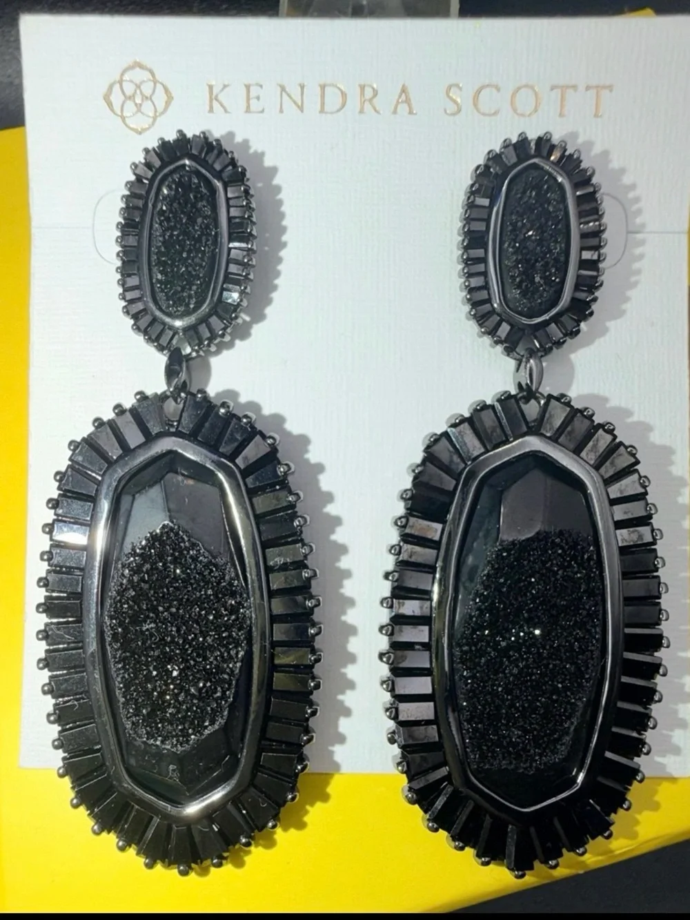 Kendra Scott Black Drusy Statement Earrings Gold Rare Retired Luxe Glam Bold - Picture 6 of 8
